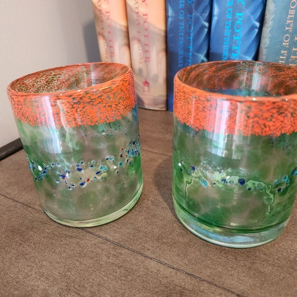 Handmade and Hand Blown Art Glass Lowball colorful set of 2 glasses. - Picture 8 of 9